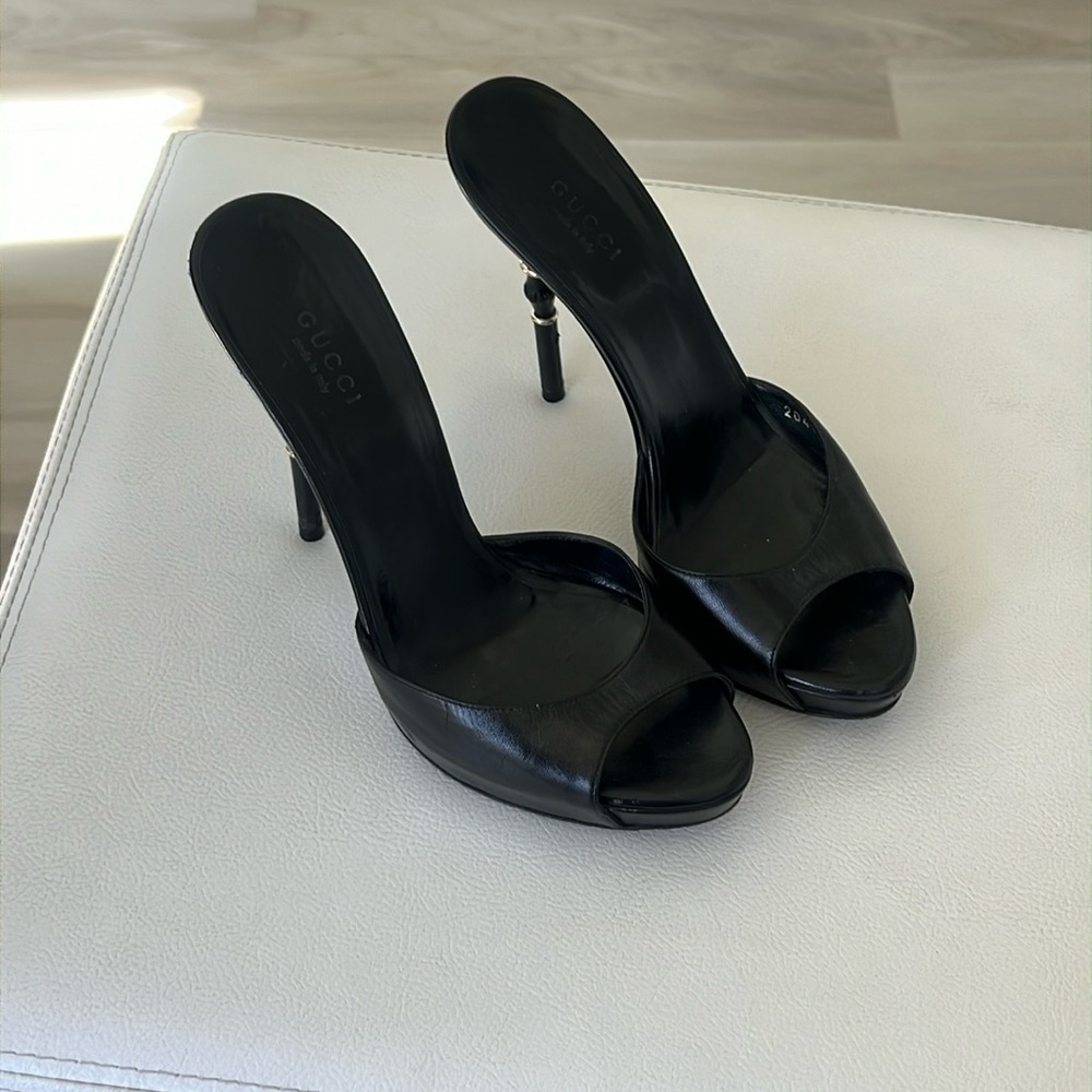 Gucci Black Bamboo Heel Mule Open Toe size 36.5